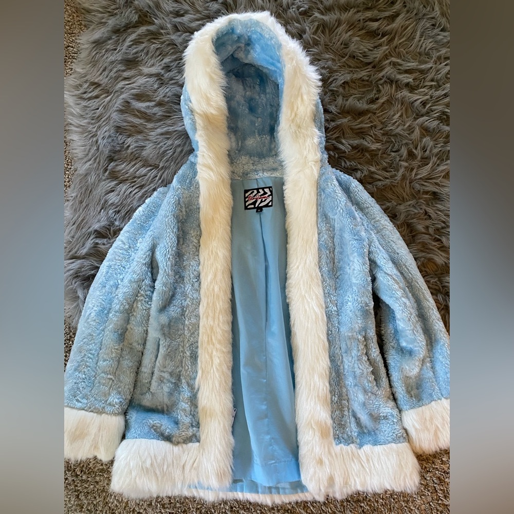 Light blue and white fluffy hooded coat